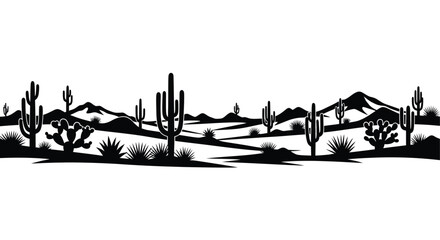 A stark black and white illustration of a desert landscape with cacti © MSTMAJEDA