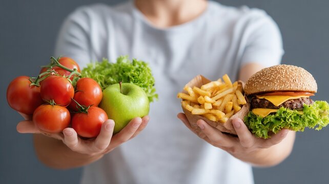 Person choosing between healthy fresh produce including tomatoes, apple, lettuce and unhealthy fast food with burger and fries