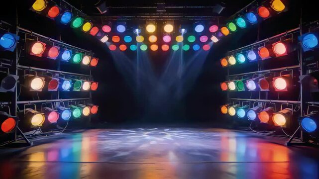 Starting lighting cues sending beams, lighting rigs creating pools on performance stage for demo