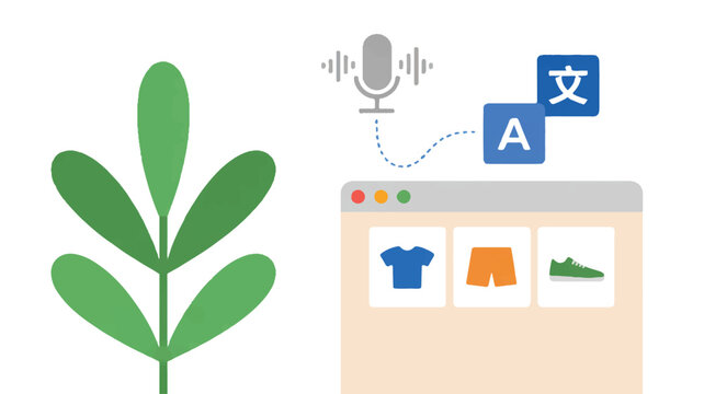 Flat design illustration of translation technology with plant and clothes icons