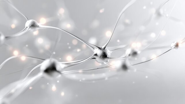 Abstract neuron network with synapse connections and glowing particles on soft gray background