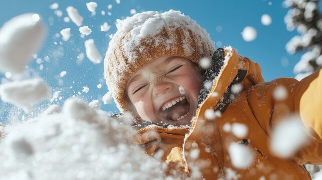Young boy joyously laughing, throwing up snow, and celebrating a moment of fun during a bright winter day