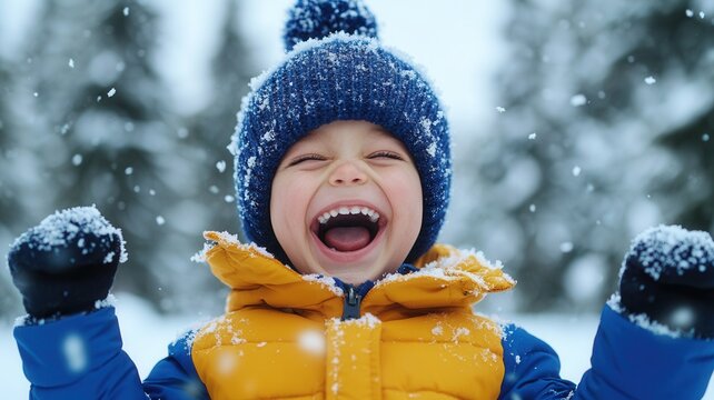 Happy little boy in warm winter clothing experiencing pure joy and fun during a cheerful snowfall playtime