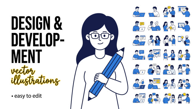 Design and development concept illustration featuring a female designer holding a pencil beside a grid of vector illustrations