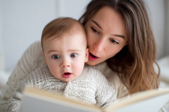 A mother reads a book to her curious baby son in a cozy home setting. A close-up portrait showing family bonding and early childhood learning