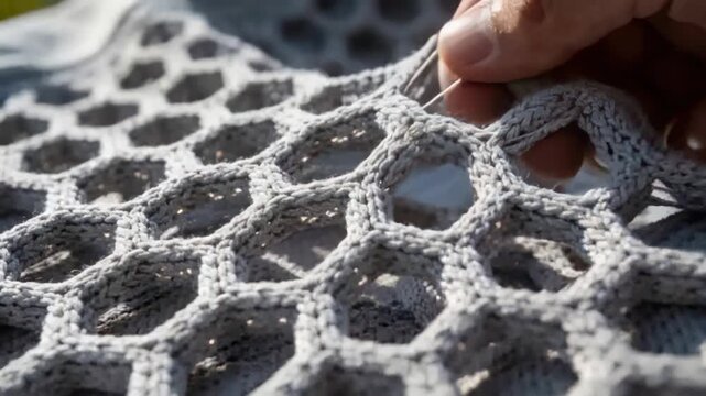 Entering from right, hands pinching and lifting yarn on grey honeycomb knit in sun exposing loops