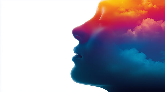 Double exposure of woman silhouette profile with colorful sunset clouds inside for concept of mental health and inner peace