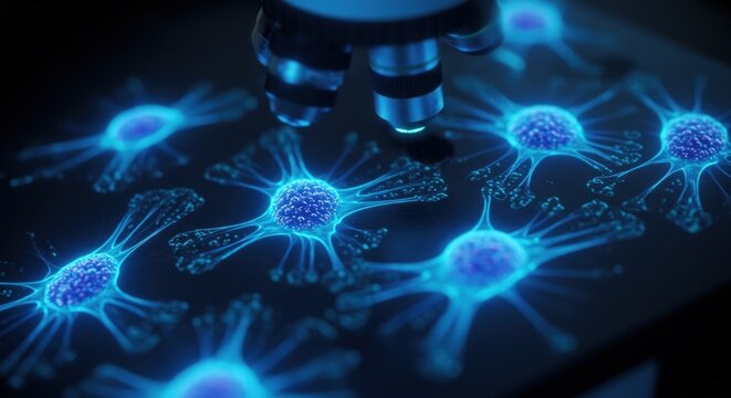 Neurons under microscope light blue.