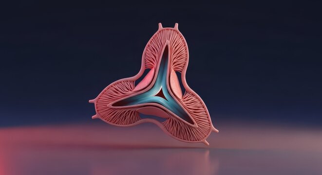 Cardiac valve 3D biomedical visualization, tri leaflet heart valve structure study, blood flow regulation mechanism render, fibrous annulus anatomy, valvular biomechanics clinical reference model