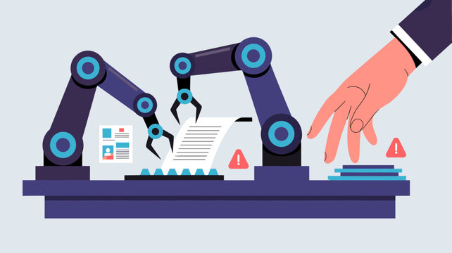 Robotic arms sorting items on conveyor with human hand supervision vector illustration 