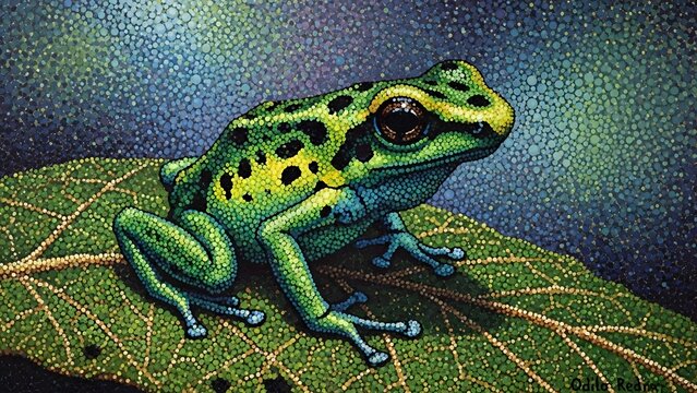 Detailed illustration of a vibrant green spotted frog resting on a textured leaf against a cosmic dark background