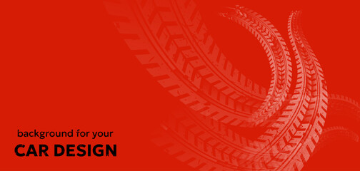 Car tire track background in red. Dynamic curved marks create strong automotive composition © stas111