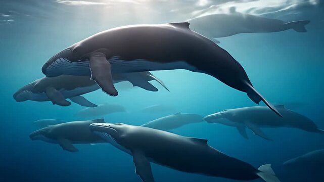 Humpback whales swim in a group in a deep blue ocean with sun rays from surface