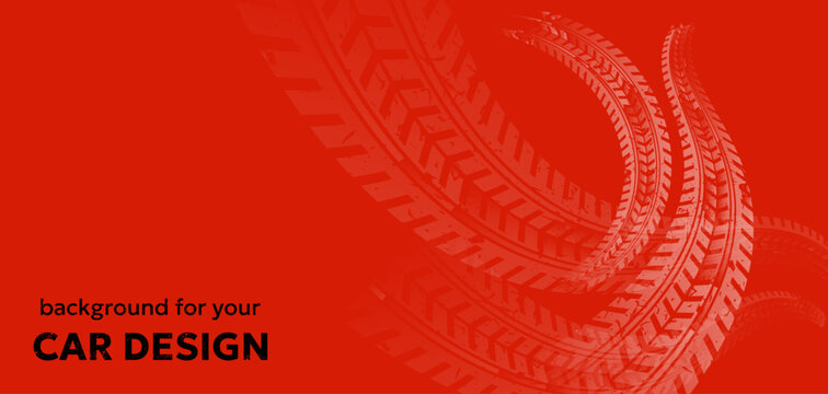 Car tire track background in red. Dynamic curved marks create strong automotive composition