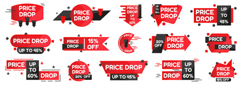 Price drop badge collection. Set of promotional labels with arrows and discount messages