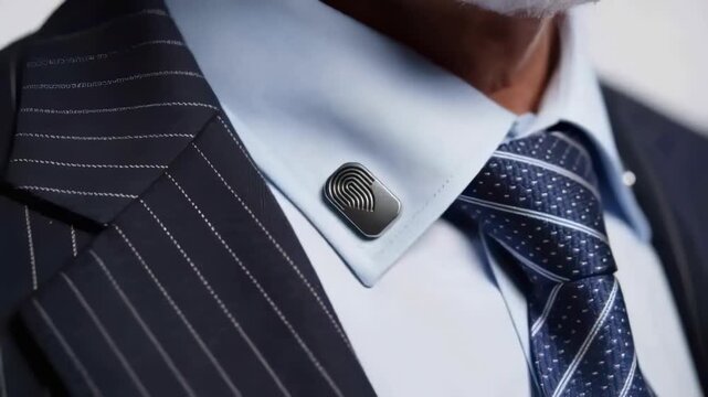 Pressing senior man in pinstripe suit adjusting tie while activating collar sensor, close-up