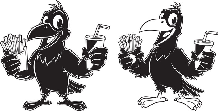 Two cartoon crows holding french fries and a drink with fast food black and white junk food bird character drink cup french fry bird eating illustration character isolated minimalist