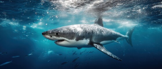 Fototapeta premium The Great White Shark Swimming Powerfully Beneath Sunlit Ocean Surface with Nearby Fish