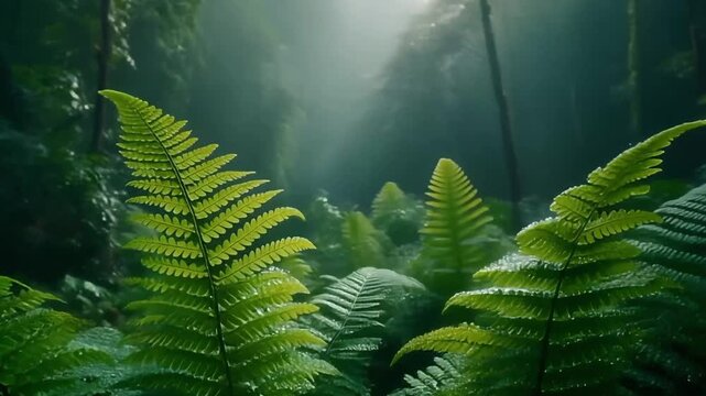 Lush green ferns bathed in ethereal sunlight filtering through a dense forest canopy