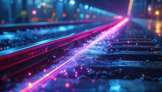 Neon Rails: A mesmerizing visual of a train track bathed in neon light, with the tracks illuminated and stretching into the distance. It offers a glimpse of futuristic transportation.