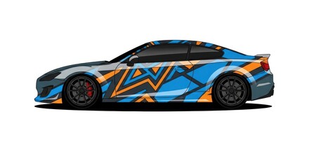 Fototapeta premium Sports car illustration with blue and orange geometric racing wrap