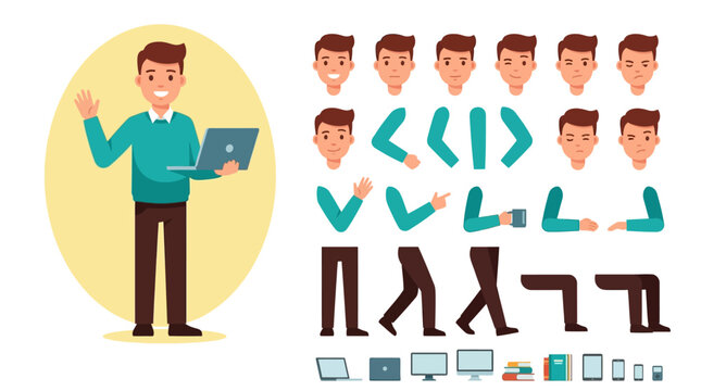 Instructor teaches coding concepts to a class with code symbols and programming icons in a modern learning illustration