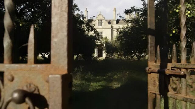 Swinging rusted iron gate opening as breeze pushing right leaf, revealing stone manor and latch