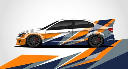 Fototapeta premium Sports sedan with modern geometric racing wrap on white background