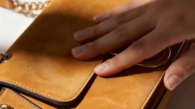 Right hand shifting flap, revealing gold clasp, animated ring highlighting hardware for fashion