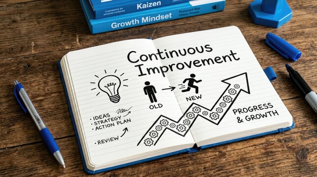 Open notebook illustrating continuous improvement for business progress and growth