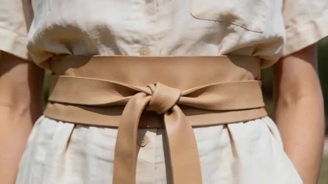 Shifting woman torso adjusting tan leather wrap belt at park, smoothing linen dress pleats