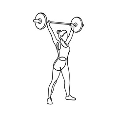 Logo gimnasio. Dibujo minimalista con una única línea de una mujer levantando una barra de pesas © teracreonte