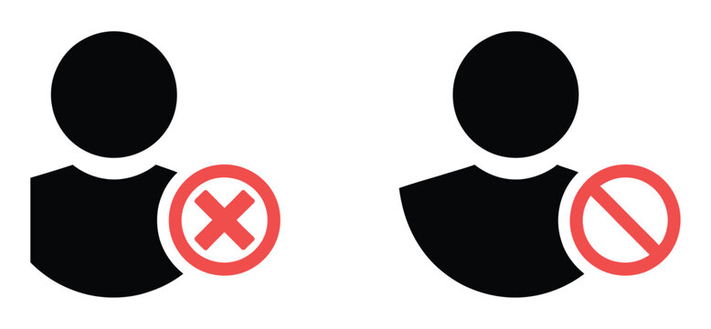 Blocked user signs, block profile icon set representing restricted access, banned account, and user limitation symbols, vector illustration