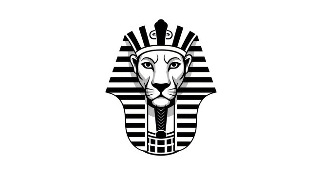 Stylized lion head wearing Egyptian pharaoh headdress vector mascot logo