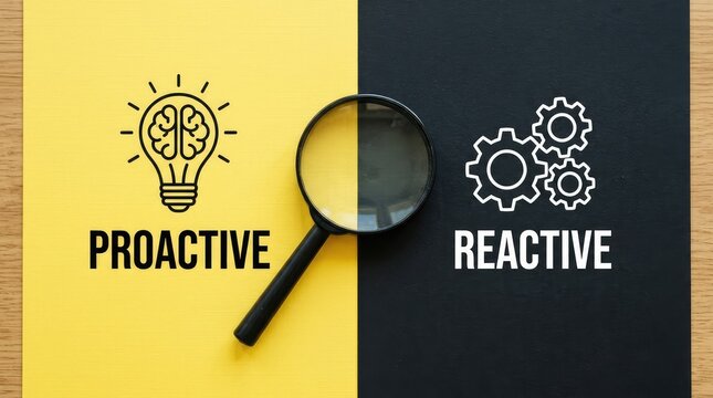 Magnifying glass splits proactive and reactive concepts on a yellow and black background