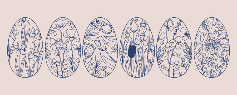 Detailed floral easter eggs art, traditional spring holiday line art, hand drawn botanical egg doodle, minimalist festive egg design elements, creative seasonal holiday art vector, cheerful easter cel