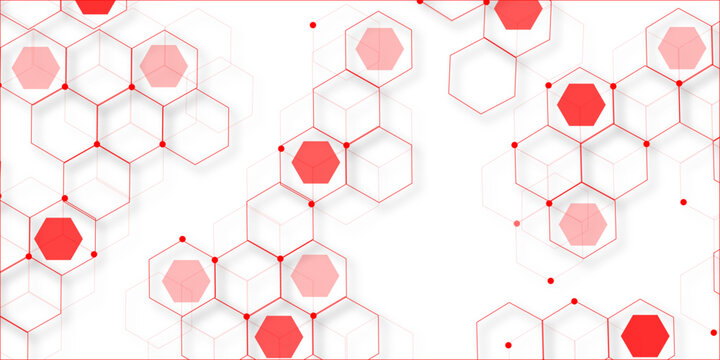 Abstract white background with red hexagons seamless pattern and geometric in vector design. Futuristic blue neon honeycombs. .Science network pattern, connecting lines and dots Medical background,