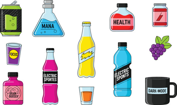 Gaming RPG Potion and Fitness Performance Icon Set Featuring Mana Flask Health Elixir Electric Sports Drink Brain Booster and Dark Mode Coffee