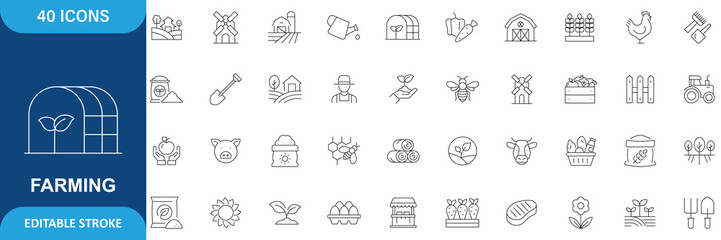 Farming Icon Set. Containing Farm, Farmer, Agriculture, Cow, Pig, Lamb, Chicken, Bee, Windmill, Wheat, Corn, Harvesting and More. Editable Stroke. Vector Illustration © Designer