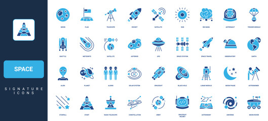 Space travel and spaceship, futuristic shuttle and observatory, constellation in universe glyph icon set. Astronaut, alien, flag on planet surface solid symbols vector illustration © Icon Majesty