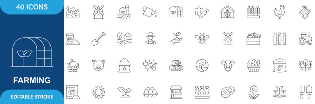 Farming Icon Set. Containing Farm, Farmer, Agriculture, Cow, Pig, Lamb, Chicken, Bee, Windmill, Wheat, Corn, Harvesting and More. Editable Stroke. Vector Illustration