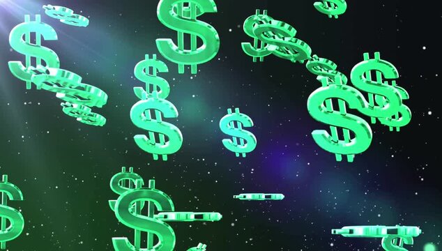 Green dollar signs float in space with a dark background and starry night sky.