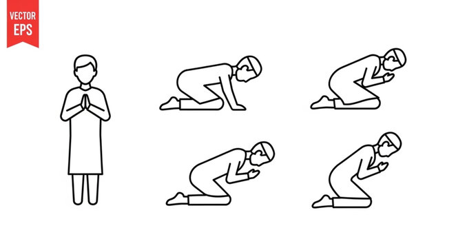 Man Praying In Different Poses Line Art Illustration.