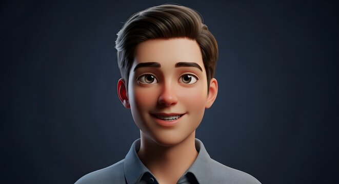 3D Render Portrait of a Smiling Young Man, Animated Cartoon Style Avatar