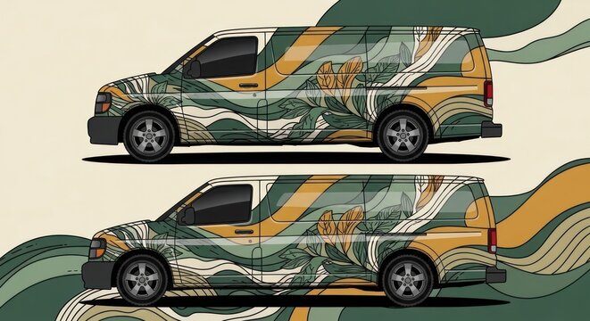 Two cargo vans with botanical nature themed vinyl wrap design
