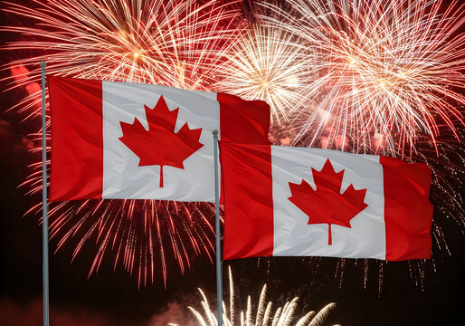 Two canadian flags waving in front of a vibrant red and gold firework display celebrating national holiday.