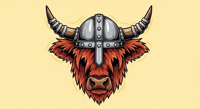 Viking highland cow head wearing a metal warrior helmet