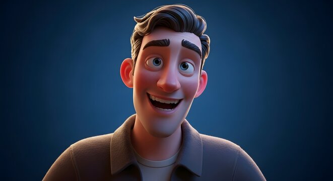 Cheerful 3D cartoon portrait of a smiling friendly man on blue background