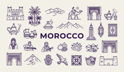 Morocco travel landmarks and desert icons, Moroccan cultural heritage vector illustrations, Morocco traditional food and lamp graphics, Africa tourism vacation design elements, Morocco country line ar © Geetaroy