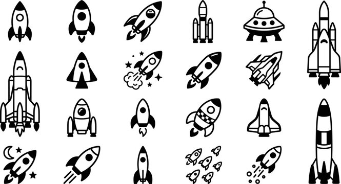 space rocket and spacecraft silhouette icons set with shuttle launch vehicle booster satellite and space exploration symbols isolated on transparent background